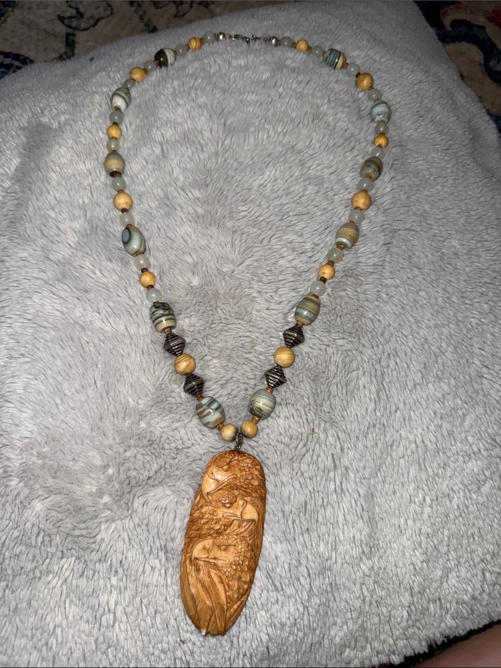 Handcrafted Wood Pendant Necklace with Green and Tan Beads handmade